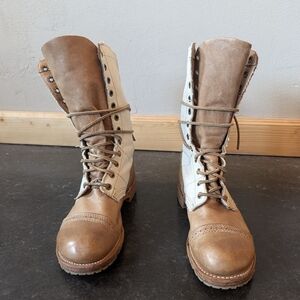 Two-Tone Tan and Cream Lace-Up Canvas And Leather Tall Boots By Vintage USA